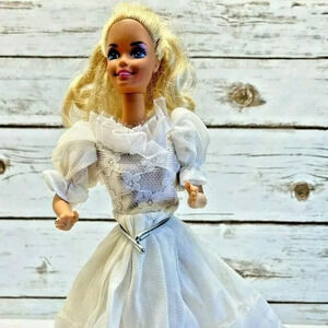 MATTEL BARBIE Doll Blond Hair Blue Eyes White Dress 12" Tall Used